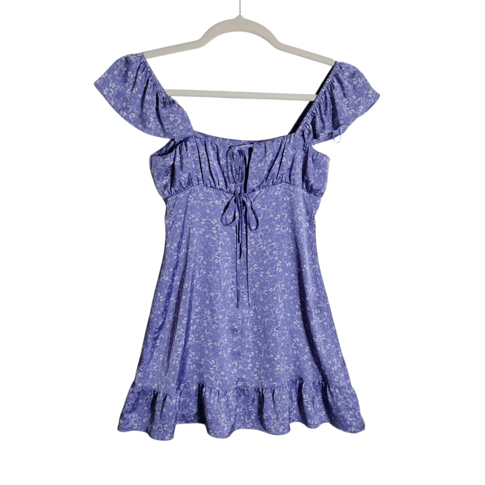 Zara Purple Floral Ruffle Mini Dress Small Cottagecore Tie Front Cap Sleeve